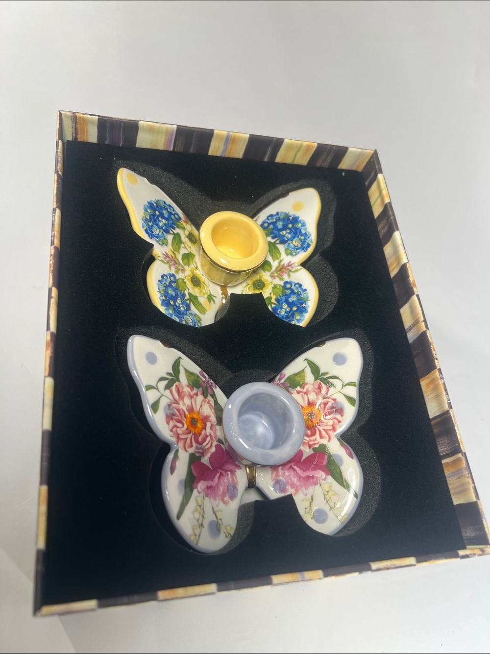MacKenzie-Childs Butterfly Tea Light Holders in Yellow & Lavender Floral